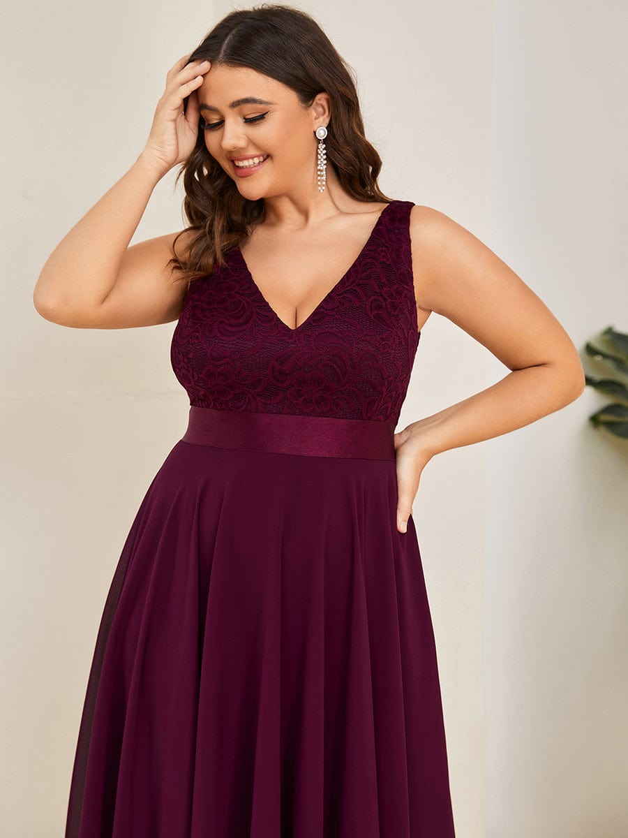 Plus Size Asymmetrical-hem Sleeveless Prom Lace Dress for Women #color_Mulberry