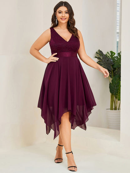 Stunning V Neck Lace & Chiffon Prom Dress for Women #color_Mulberry