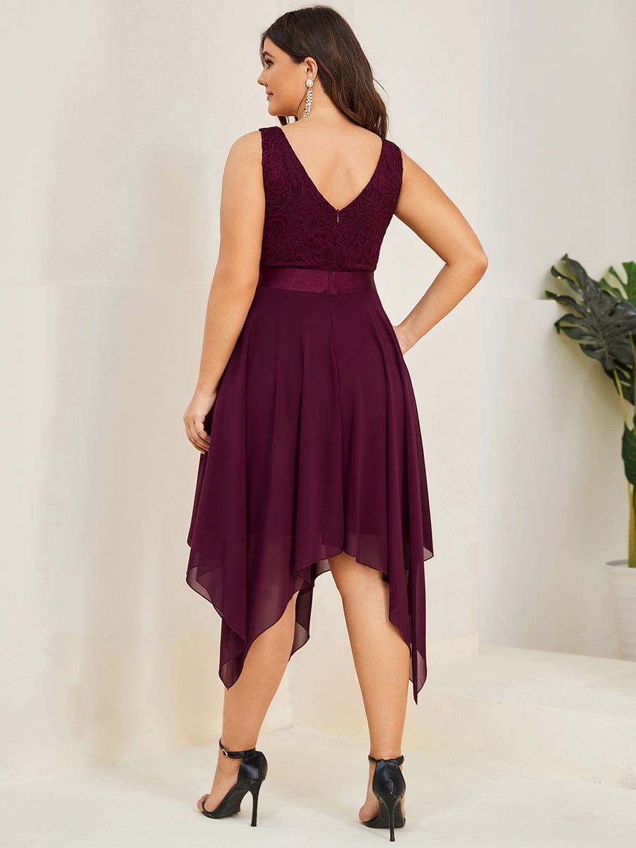 Plus Size Asymmetrical-hem Sleeveless Prom Lace Dress for Women #color_Mulberry