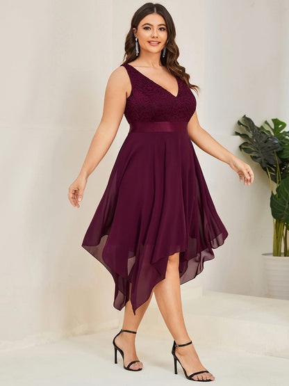 Plus Size Asymmetrical-hem Sleeveless Prom Lace Dress for Women #color_Mulberry