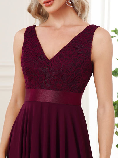 Stunning V Neck Lace & Chiffon Prom Dress for Women #color_Mulberry