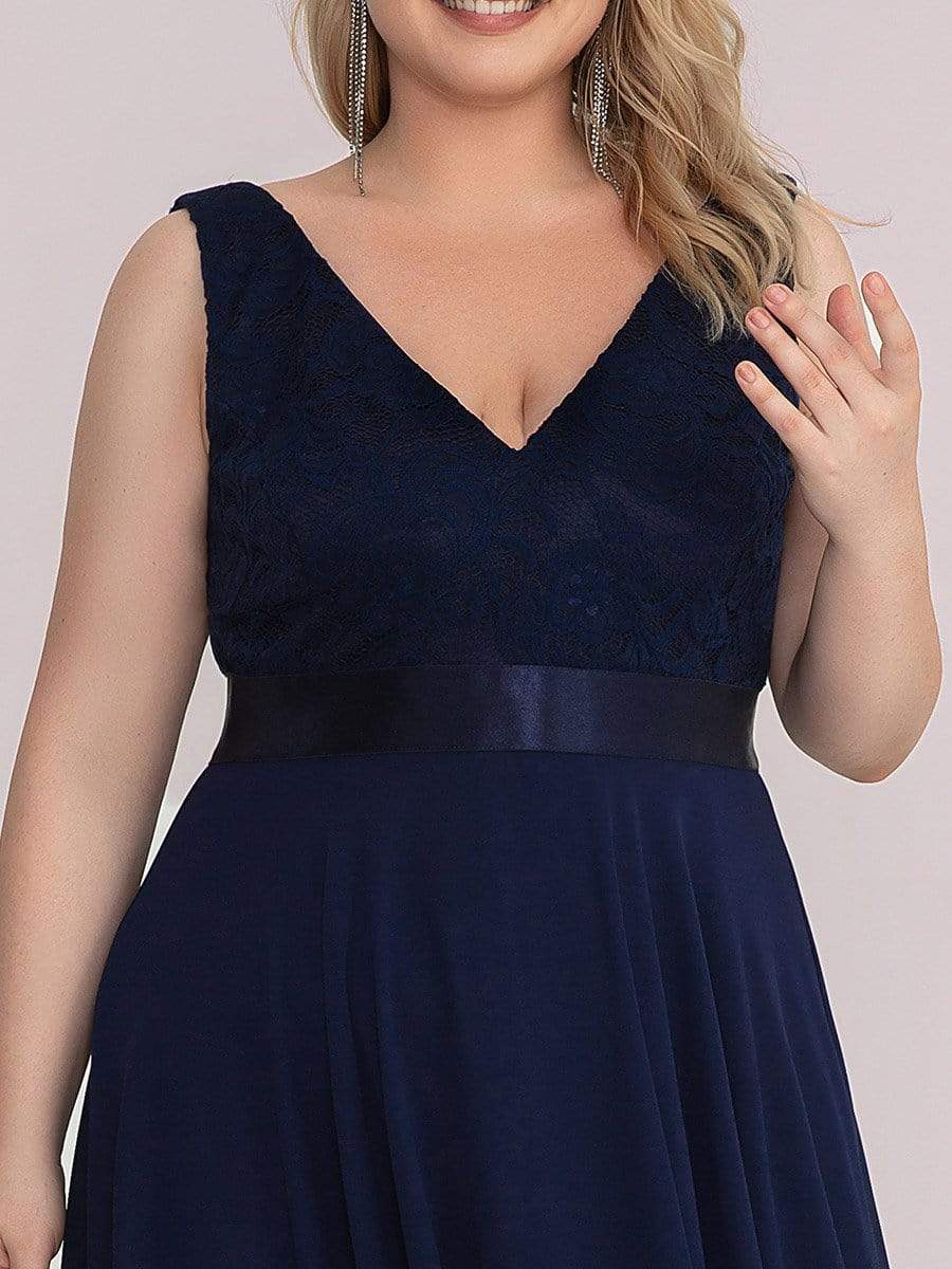 Plus Size Stunning V Neck Lace & Chiffon Prom Dress for Women #color_Navy Blue