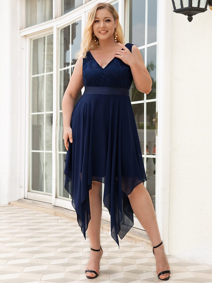 Deep V-Neck Lace Chiffon Bridesmaid Dress with Asymmetrical Hem #color_Navy Blue