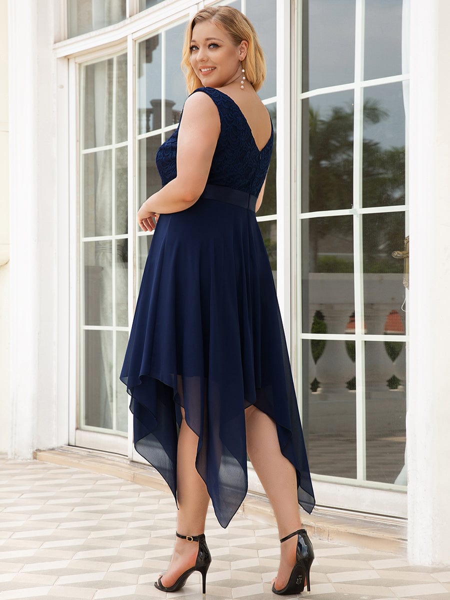 Deep V-Neck Lace Chiffon Bridesmaid Dress with Asymmetrical Hem #color_Navy Blue