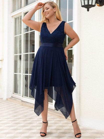 Plus Size Stunning V Neck Lace & Chiffon Prom Dress for Women #color_Navy Blue