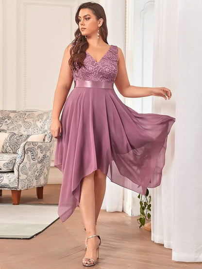 Plus Size Stunning V Neck Lace & Chiffon Prom Dress for Women #color_Purple Orchid