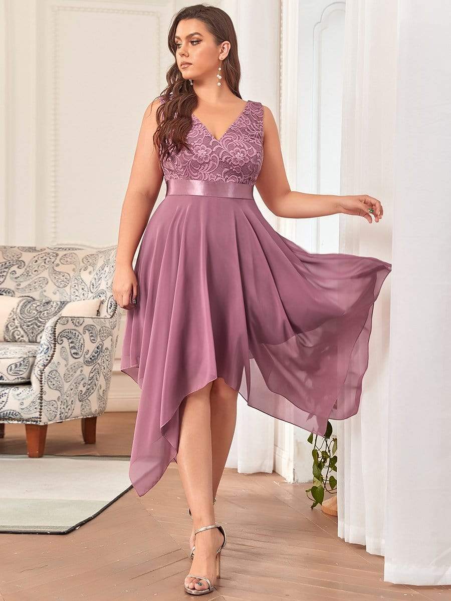 Stunning V Neck Lace Asymmetrical Hems Dress for Women #color_Purple Orchid