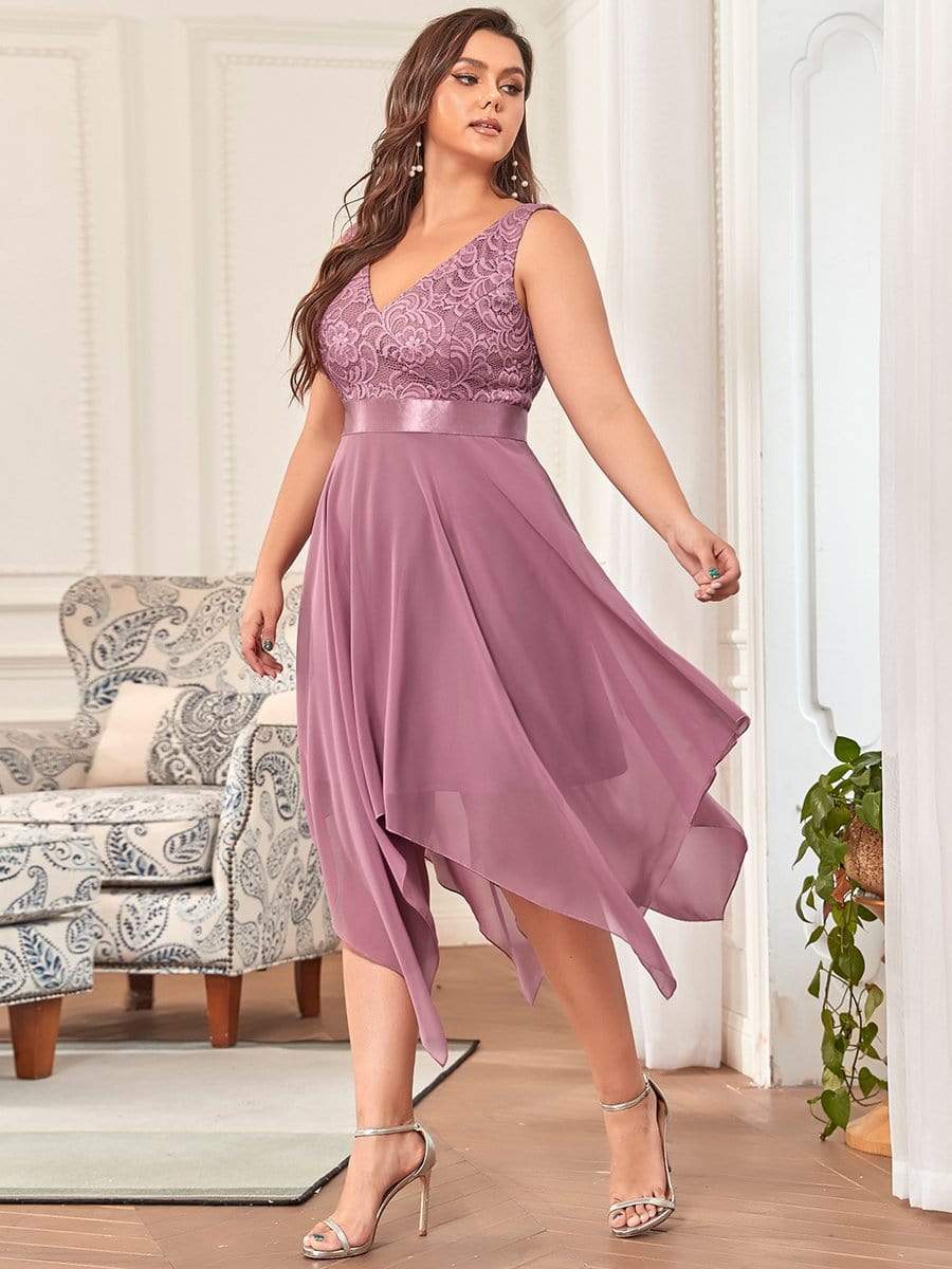 Stunning V Neck Lace Asymmetrical Hems Dress for Women #color_Purple Orchid