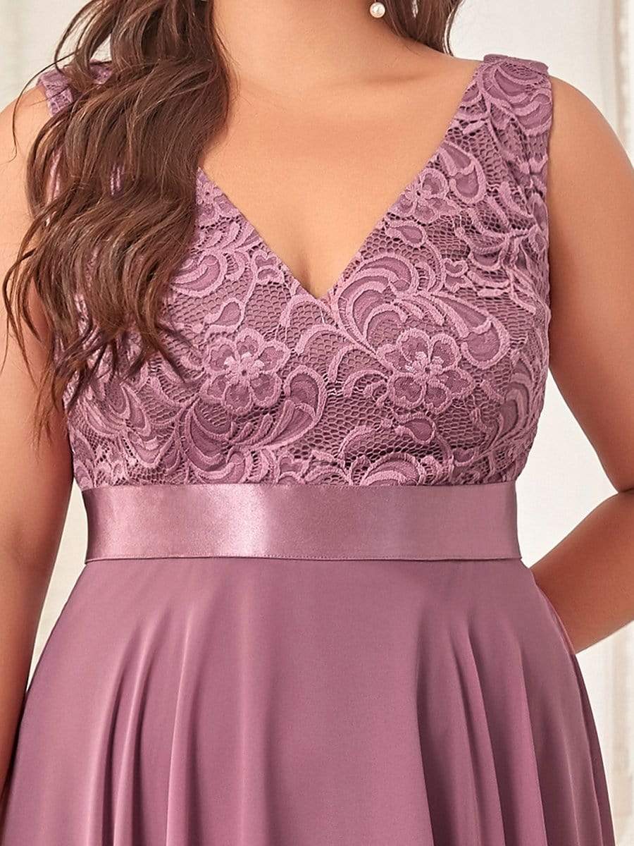 Plus Size Stunning V Neck Lace & Chiffon Prom Dress for Women #color_Purple Orchid