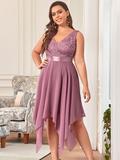 Deep V-Neck Lace Chiffon Bridesmaid Dress with Asymmetrical Hem #color_Purple Orchid