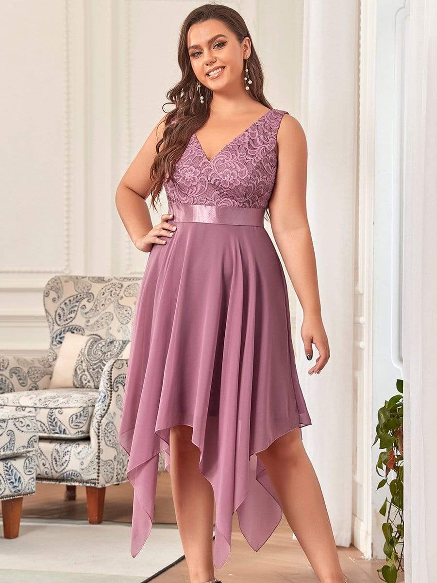 Stunning V Neck Lace Asymmetrical Hems Dress for Women #color_Purple Orchid