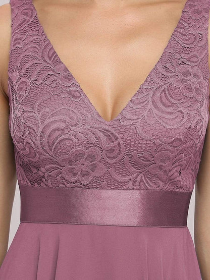 Stunning V Neck Lace Asymmetrical Hems Dress for Women #color_Purple Orchid