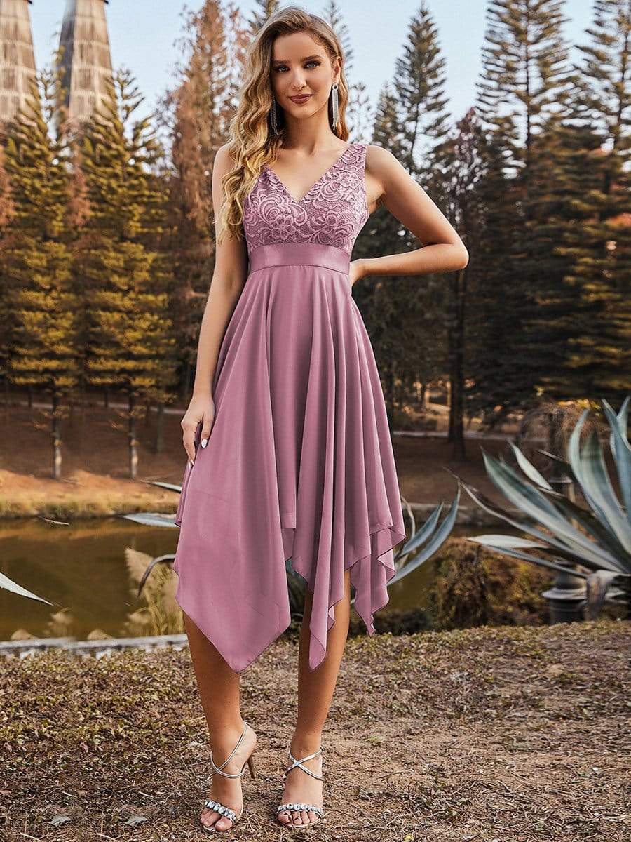 Stunning V Neck Lace Asymmetrical Hems Dress for Women #color_Purple Orchid