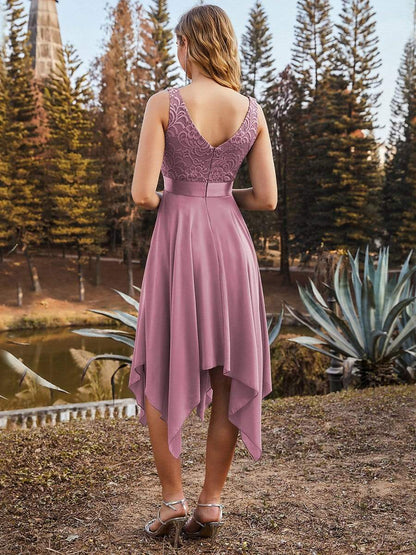 Stunning V Neck Lace Asymmetrical Hems Dress for Women #color_Purple Orchid