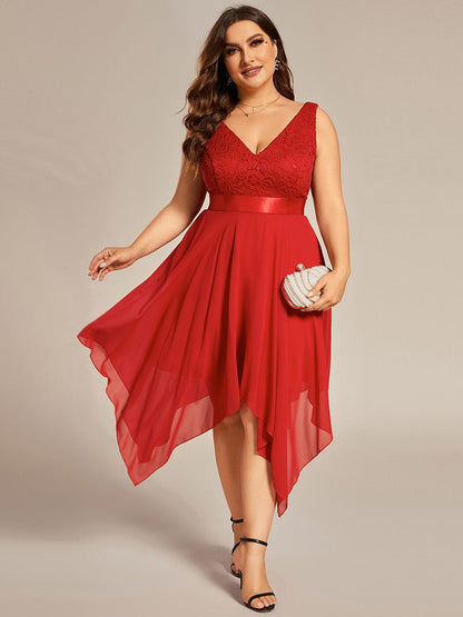 Stunning V Neck Lace Asymmetrical Hems Dress for Women #color_Red