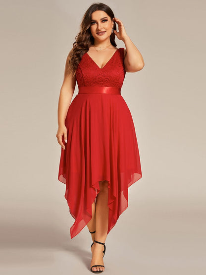 Plus Size Asymmetrical-hem Sleeveless Prom Lace Dress for Women #color_Red