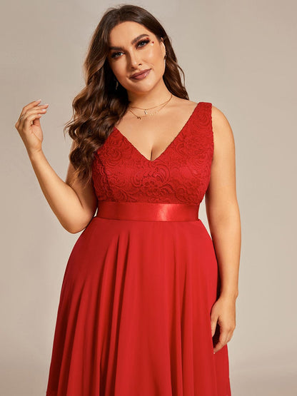 Stunning V Neck Lace Asymmetrical Hems Dress for Women #color_Red