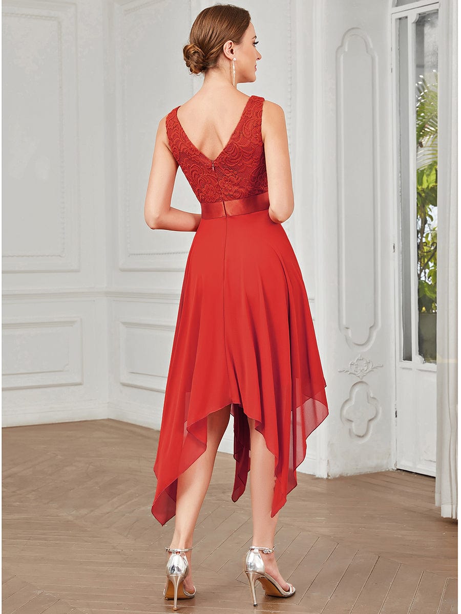 Stunning V Neck Lace Asymmetrical Hems Dress for Women #color_Red