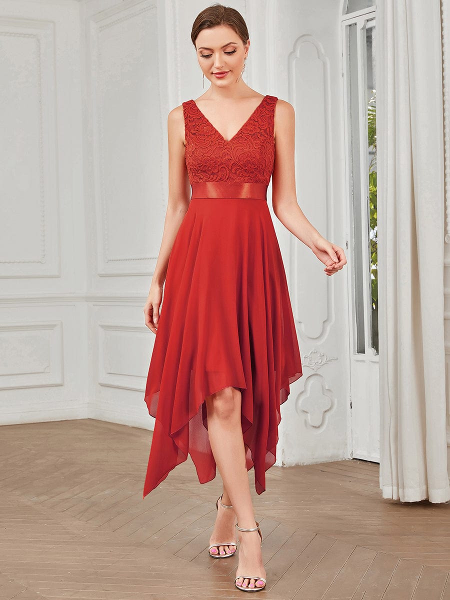 Stunning V Neck Lace Asymmetrical Hems Dress for Women #color_Red