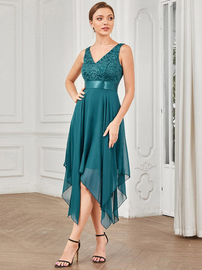 Stunning V Neck Lace & Chiffon Prom Dress for Women #color_Teal