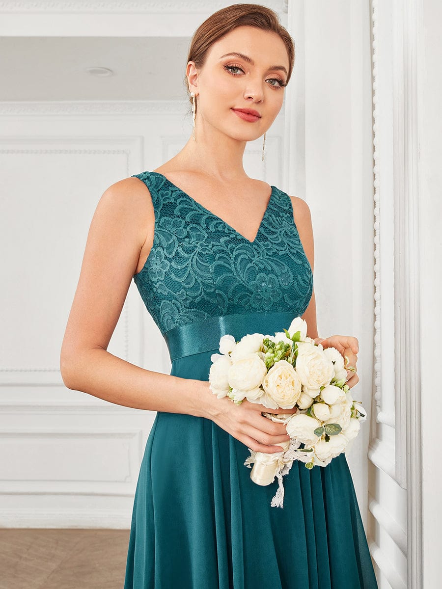 Stunning V Neck Lace & Chiffon Prom Dress for Women #color_Teal