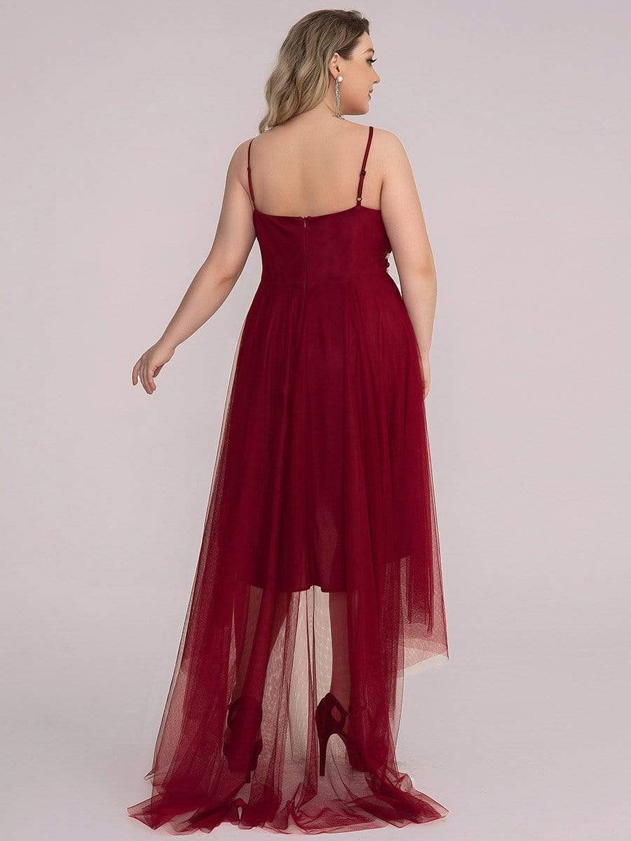 Plus Size V Neck High-low Hem Pleated Tulle Prom Dress #color_Burgundy 