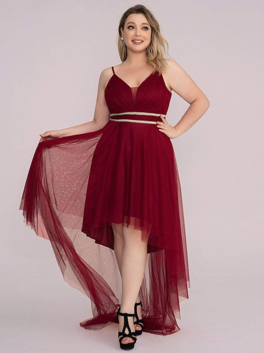 Plus Size V Neck High-low Hem Pleated Tulle Prom Dress #color_Burgundy 