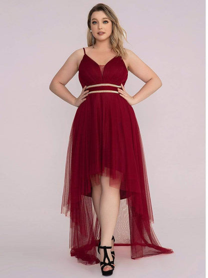 Plus Size V Neck High-low Hem Pleated Tulle Prom Dress #color_Burgundy 