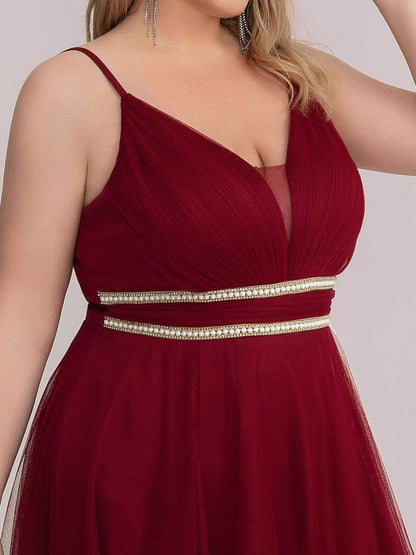 Plus Size V Neck High-low Hem Pleated Tulle Prom Dress #color_Burgundy 