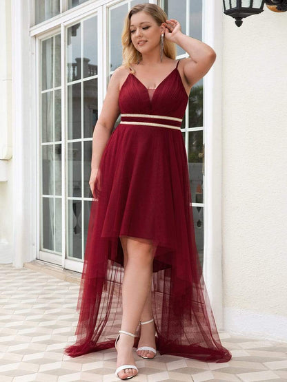 Plus Size V Neck High-low Hem Pleated Tulle Prom Dress #color_Burgundy 