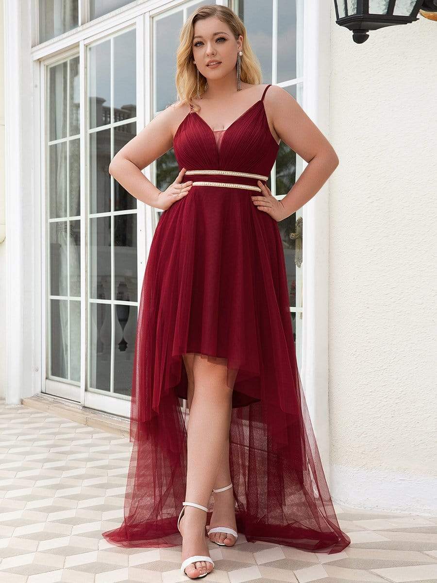 Plus Size V Neck High-low Hem Pleated Tulle Prom Dress #color_Burgundy 