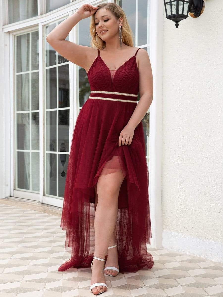 Plus Size V Neck High-low Hem Pleated Tulle Prom Dress #color_Burgundy 