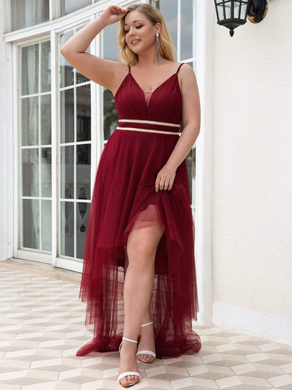 Plus Size V Neck High-low Hem Pleated Tulle Prom Dress #color_Burgundy 