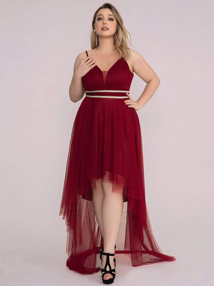 Plus Size V Neck High-low Hem Pleated Tulle Prom Dress #color_Burgundy 