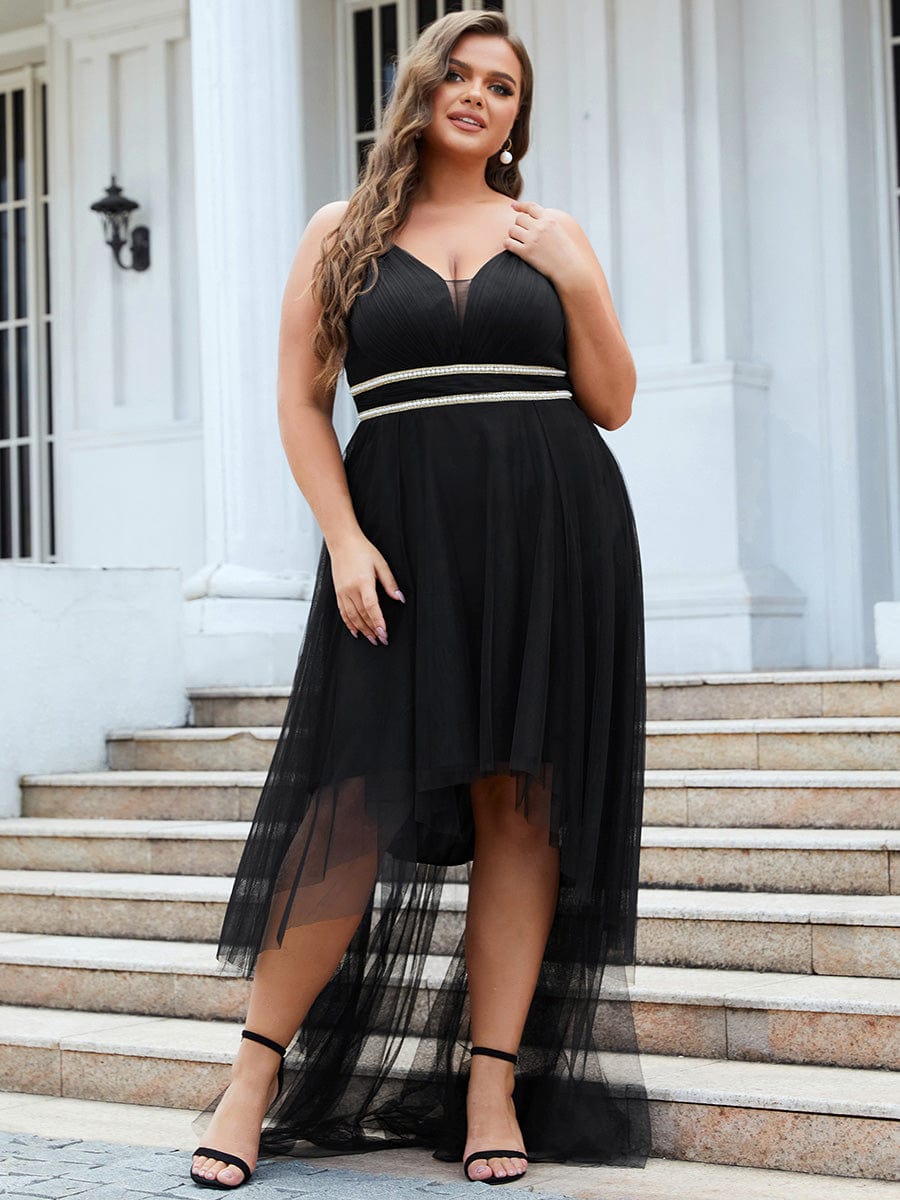 Plus Size V Neck High-low Hem Pleated Tulle Prom Dress #color_Black 