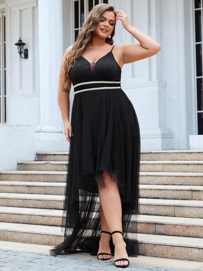 Plus Size V Neck High-low Hem Pleated Tulle Prom Dress #color_Black 