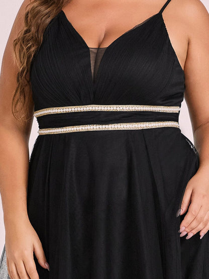 Plus Size V Neck High-low Hem Pleated Tulle Prom Dress #color_Black 