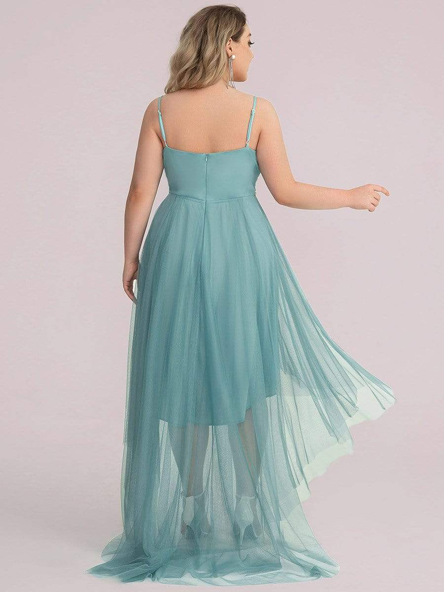 Plus Size V Neck High-low Hem Pleated Tulle Prom Dress #color_Dusty Blue 