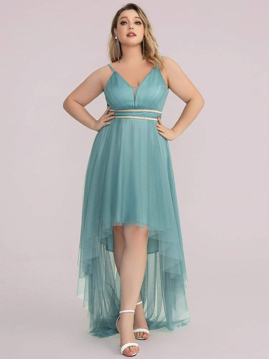 Plus Size V Neck High-low Hem Pleated Tulle Prom Dress #color_Dusty Blue 