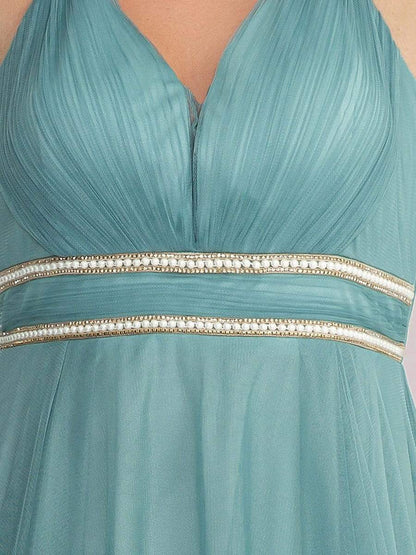 Plus Size V Neck High-low Hem Pleated Tulle Prom Dress #color_Dusty Blue 