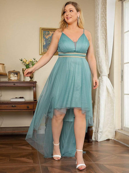 Plus Size V Neck High-low Hem Pleated Tulle Prom Dress #color_Dusty Blue 