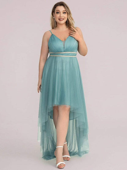 Plus Size V Neck High-low Hem Pleated Tulle Prom Dress #color_Dusty Blue 