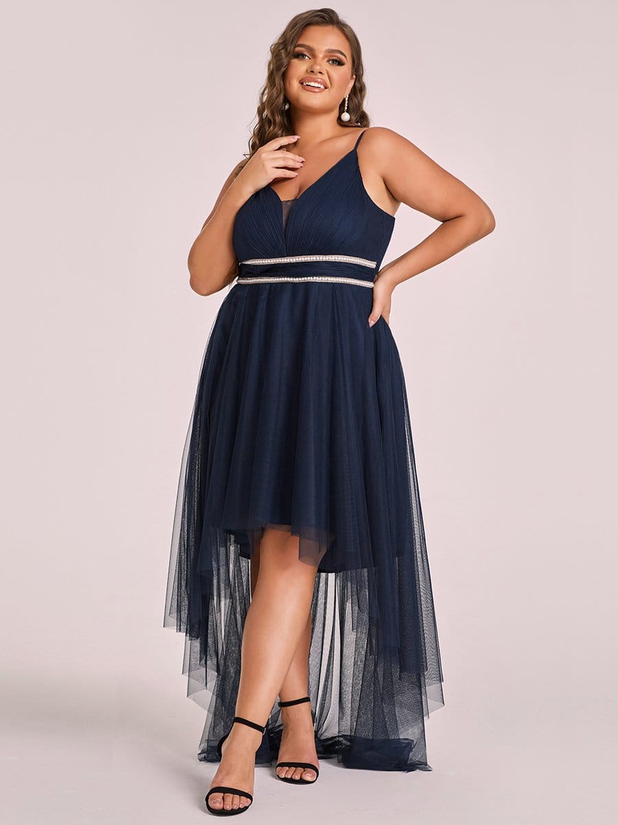 Plus Size V Neck High-low Hem Pleated Tulle Prom Dress #color_Navy Blue 