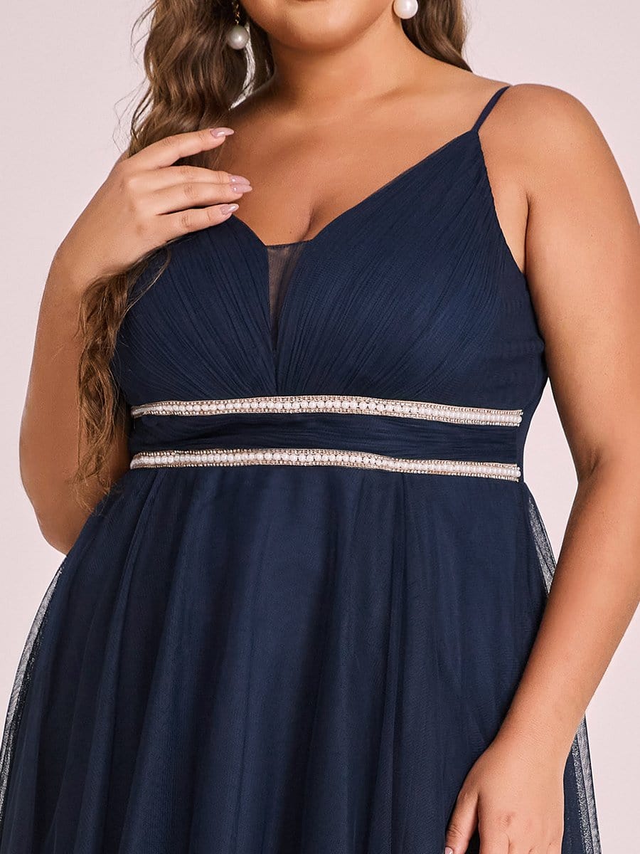 Plus Size V Neck High-low Hem Pleated Tulle Prom Dress #color_Navy Blue 