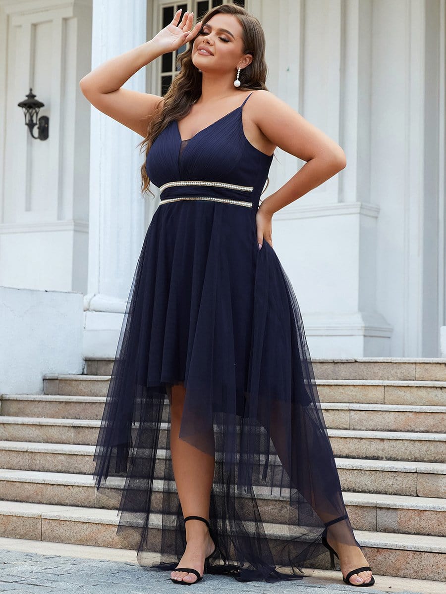 Plus Size V Neck High-low Hem Pleated Tulle Prom Dress #color_Navy Blue 