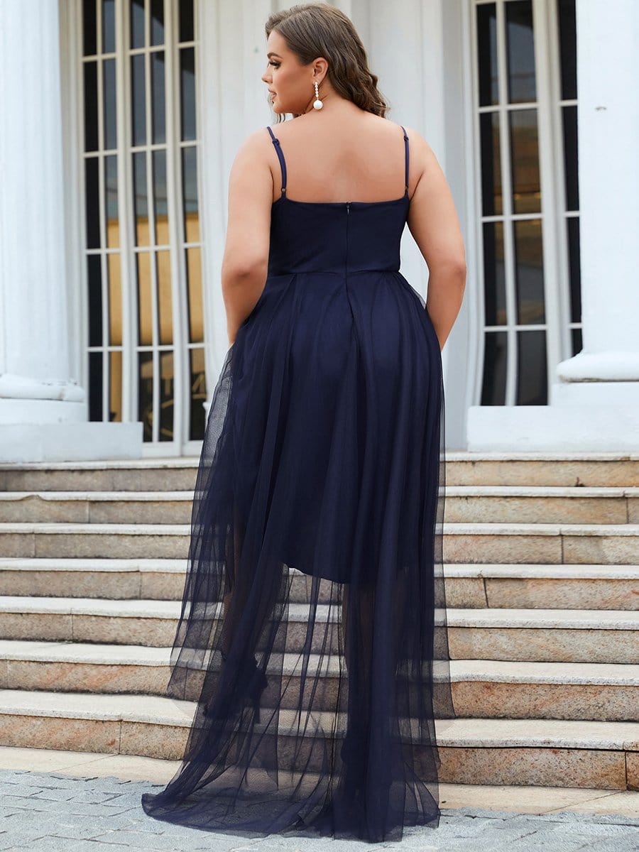 Plus Size V Neck High-low Hem Pleated Tulle Prom Dress #color_Navy Blue 