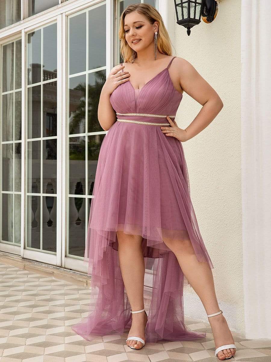 Plus Size V Neck High-low Hem Pleated Tulle Prom Dress #color_Purple Orchid 