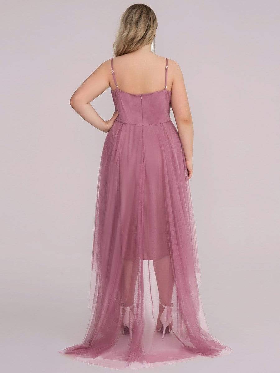 Plus Size V Neck High-low Hem Pleated Tulle Prom Dress #color_Purple Orchid 