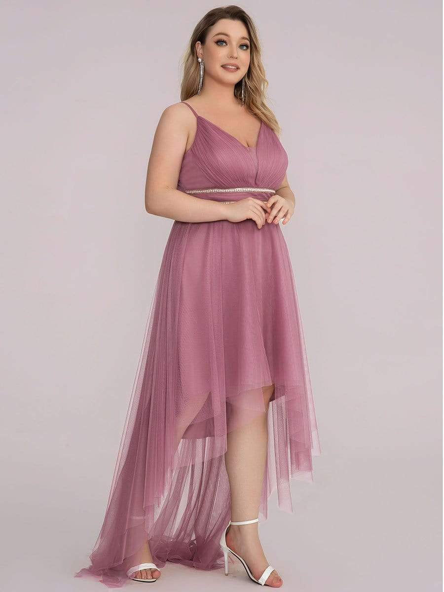 Plus Size V Neck High-low Hem Pleated Tulle Prom Dress #color_Purple Orchid 