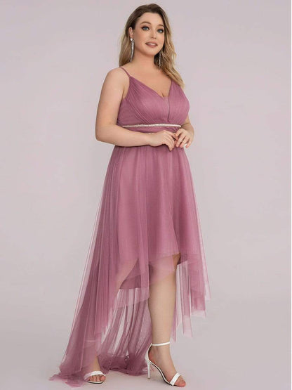 Plus Size V Neck High-low Hem Pleated Tulle Prom Dress #color_Purple Orchid 